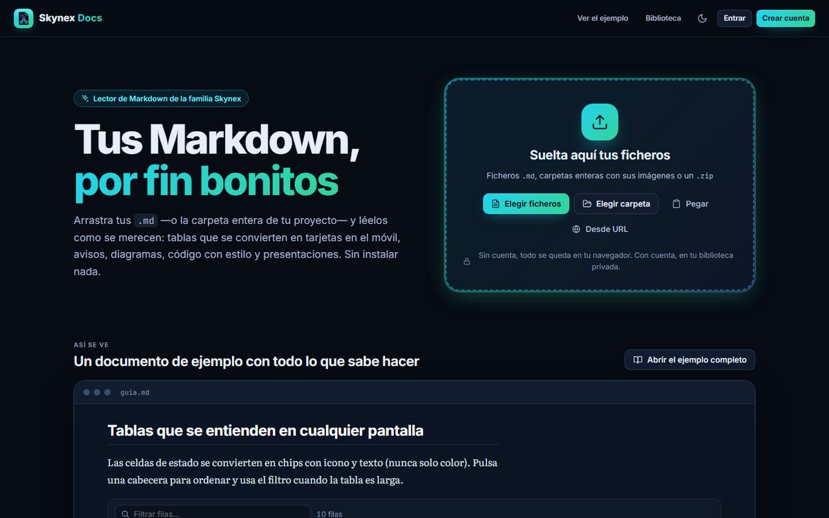 Portada de Skynex Docs con zona para soltar ficheros y documento de ejemplo