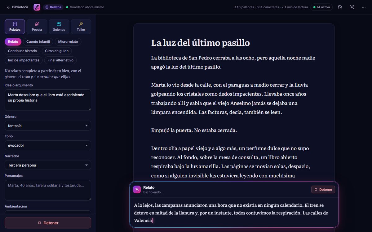 Skynex Escribe: editor de relatos con una propuesta generada por la IA local