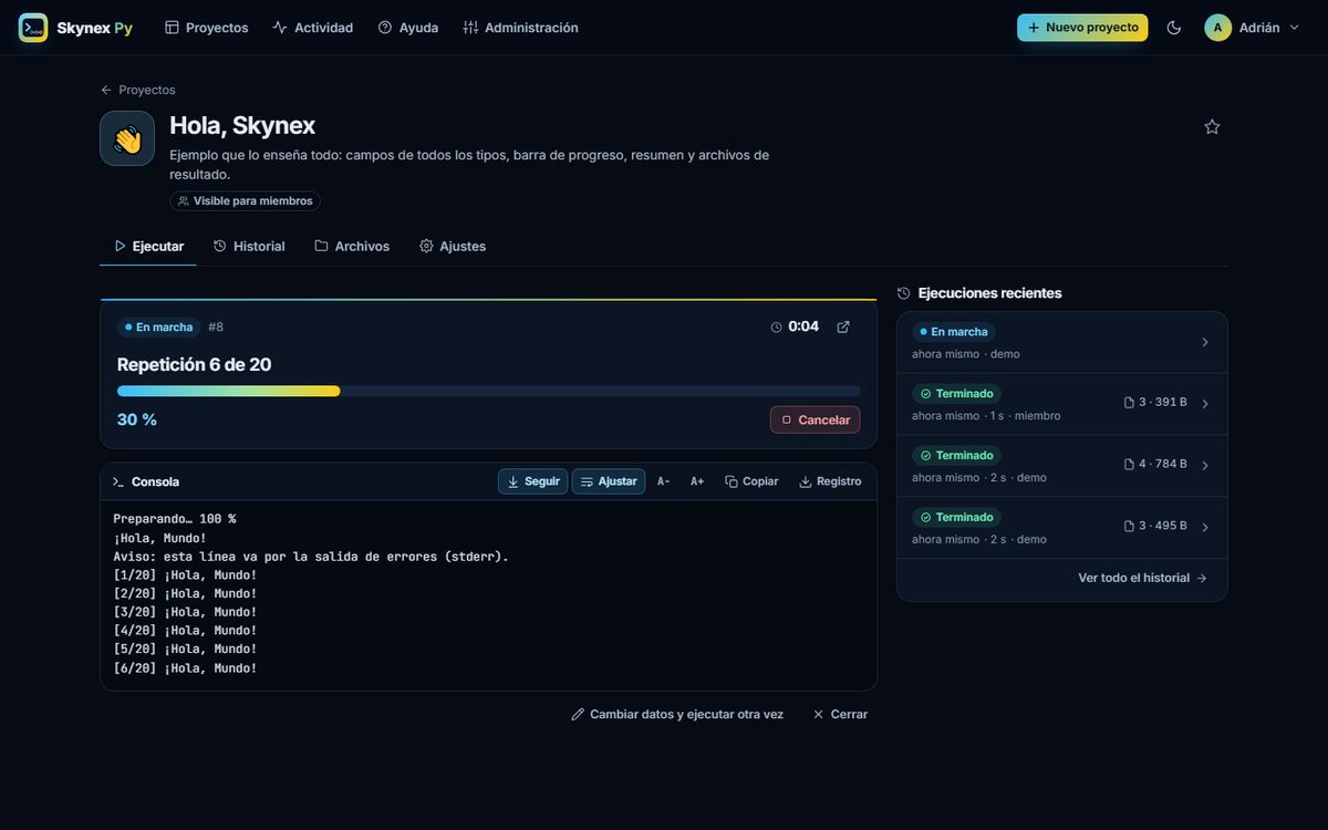 Skynex Py ejecutando un programa: progreso, botón cancelar, consola y ejecuciones recientes
