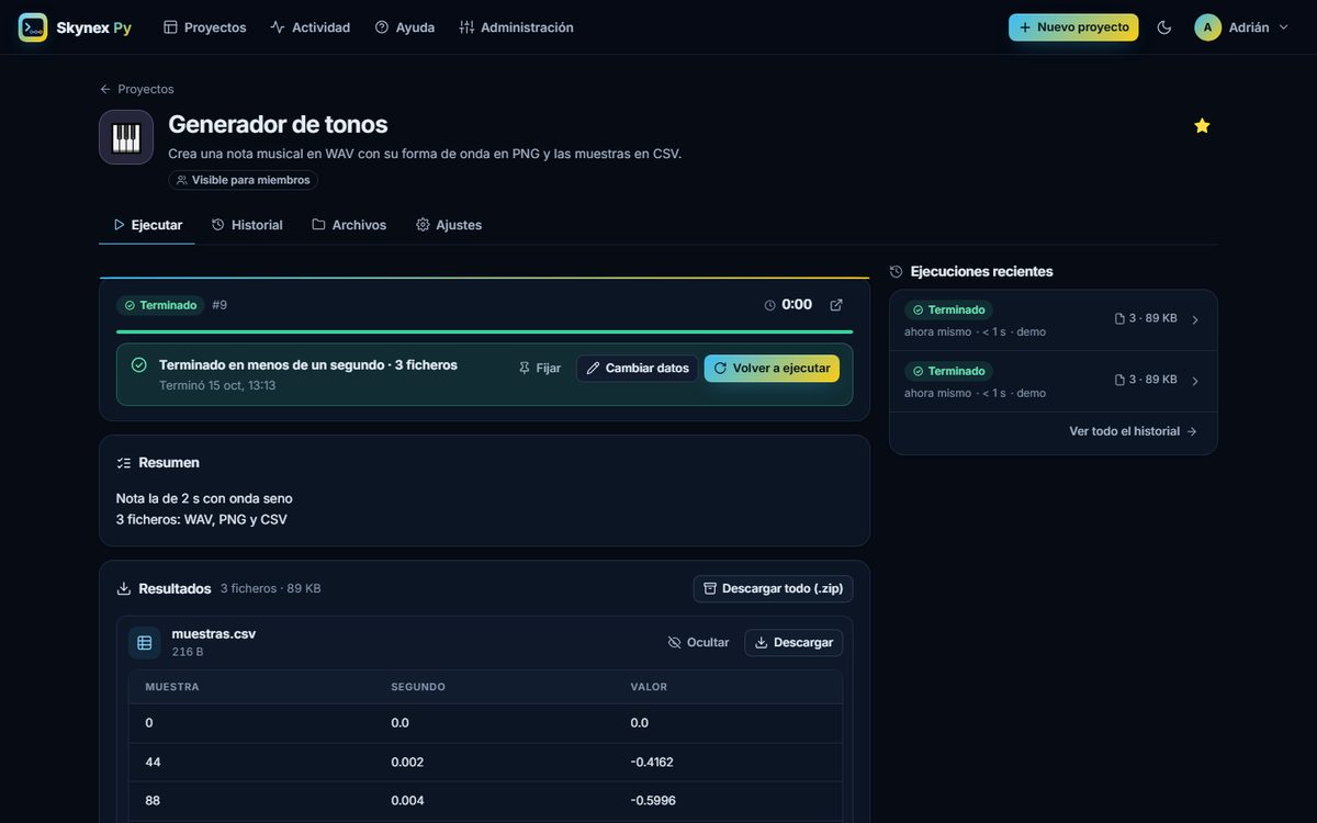 Resultados de una ejecución en Skynex Py: resumen, tabla y ficheros WAV, PNG y CSV para descargar