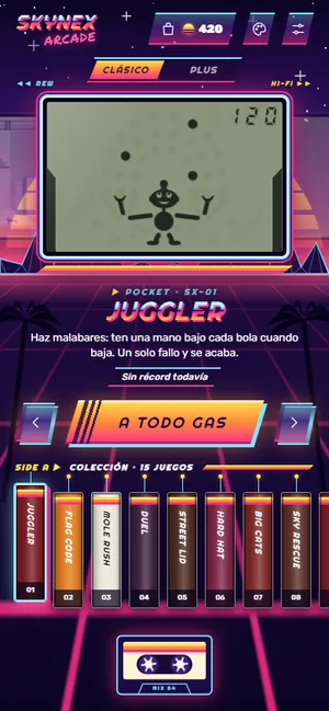 Menú de la app con el estilo Años 80